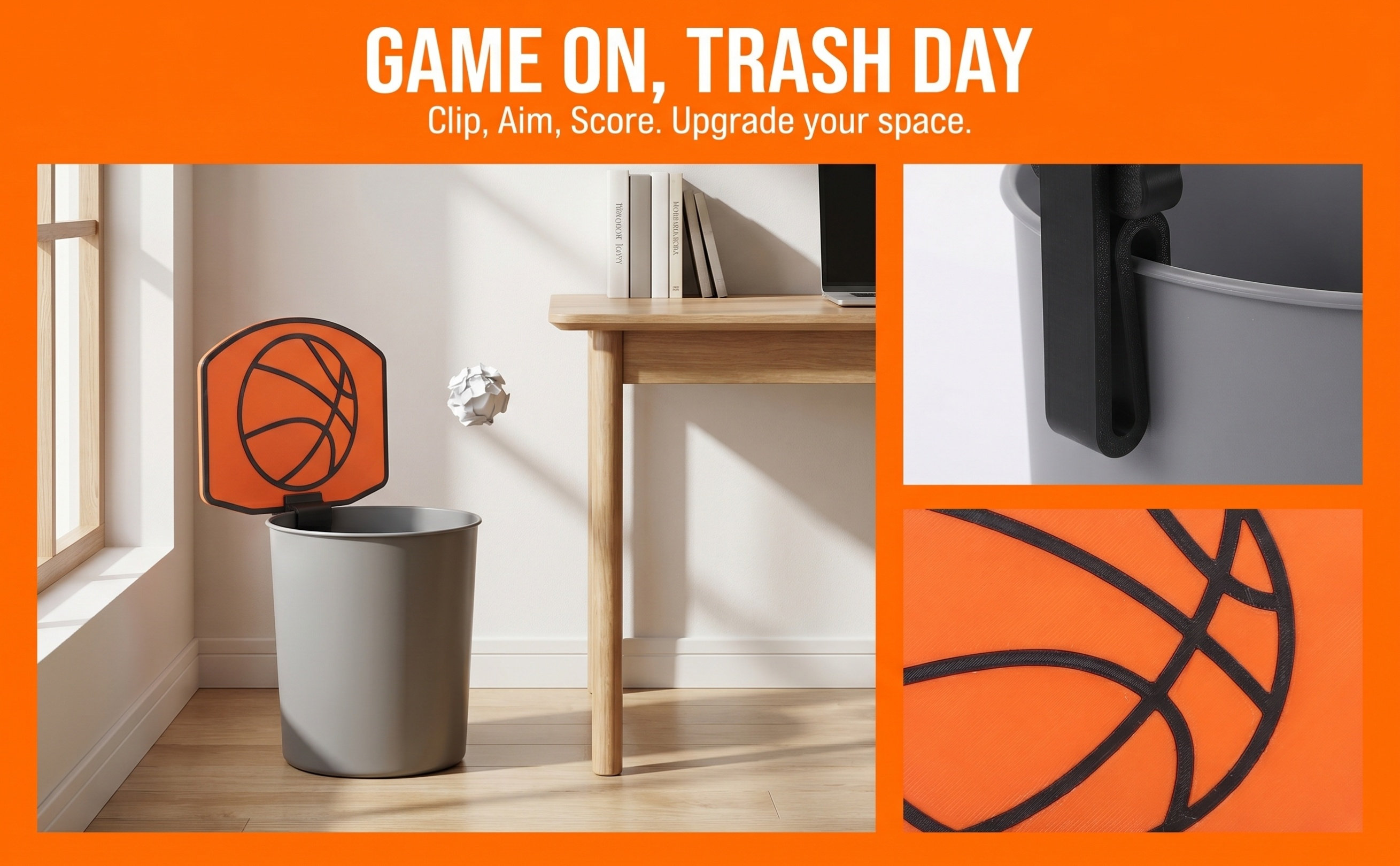 Basketball Hoop - Basketbalvormige prullenbak met bevestigingsclip voor achter