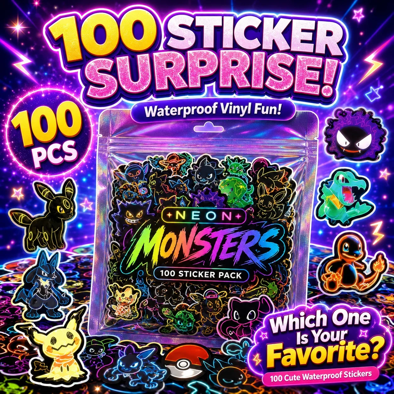 100 stuks neon Pokémon-sticker - Skateboard recensie en prijs